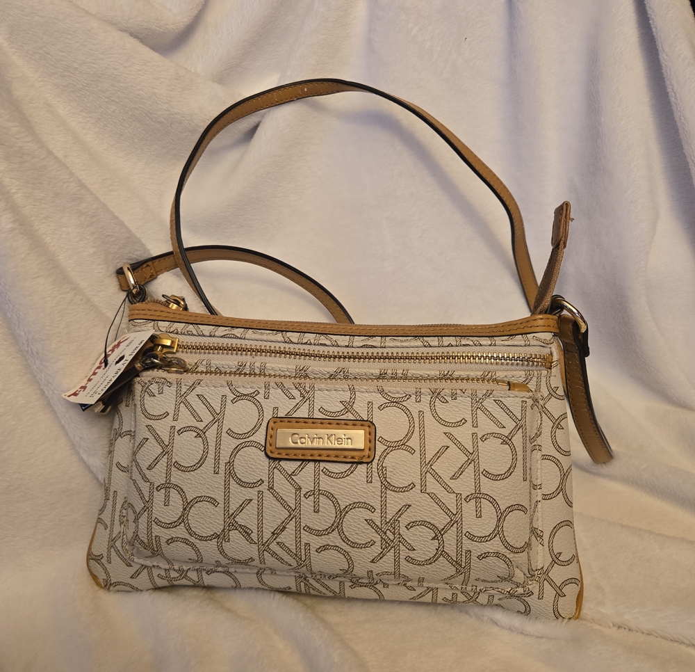 Calvin Klein Cream Logo Shoulder Bag with Tan Trim